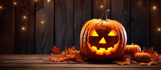Poster - A Halloween themed Jack o lantern illuminated on a wooden backdrop adorned with maple leaves creating a perfect copy space image