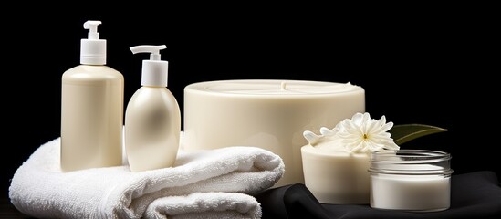 Poster - Close up copy space image of spa treatment essentials white bottles of creams and washcloths placed on a dark background