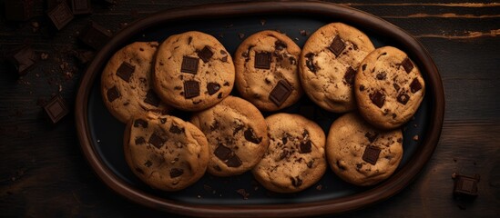 Poster - A top down view of cookies with chocolate chunks and bitter cocoa on a dark background creating a framed image with empty space for text. Creative banner. Copyspace image