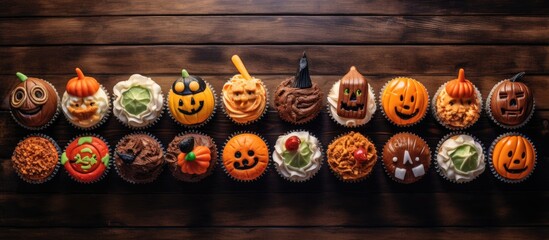 Aufkleber - Spooky cupcakes designed as monsters witches pumpkins and ghosts are delightful Halloween treats for kids The cooking process can be seen in a top down view on a wooden table offering ample copy spac