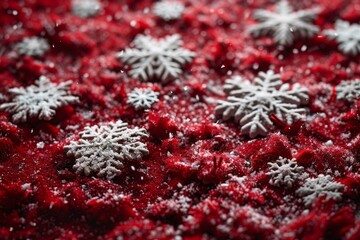 Poster - A close-up image of white decorative snowflakes sprinkled with snowy dust against a vivid red textured background, evoking festive holiday vibes