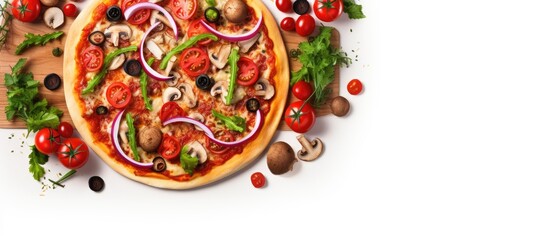 Aufkleber - Top view of a mouthwatering pizza loaded with fresh vegetables resting on a wooden table against a pristine white backdrop with ample copy space for creative use in images