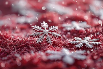 Poster - A delicate snowflake rests on a vibrant red glittery surface, showcasing a festive contrast and emphasizing holiday themes It's a macro shot with a shallow depth of field, focused on the intricacies 