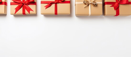 Fototapete - A white background serves as a canvas for a top view of gift boxes wrapped in craft paper adorned with a red bow The image is perfect for a Christmas gifts and presents concept web banner featuring c