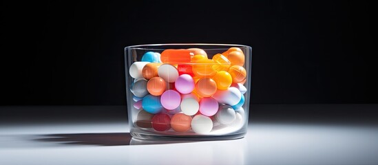 Aufkleber - A small cup filled with medicine capsules providing ample copy space for displaying the image