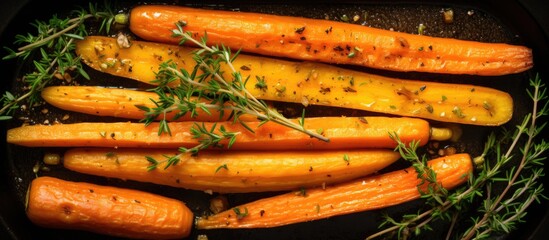 Poster - Copy space image of top view baked organic carrots with thyme honey and lemon showcasing a delectable vegan dish
