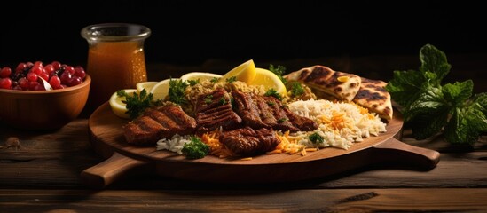 Poster - An appetizing Arabic meal with meat served on a wooden plate captured in a copy space image