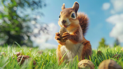 Wall Mural - A cute squirrel holding peanut on the grass 