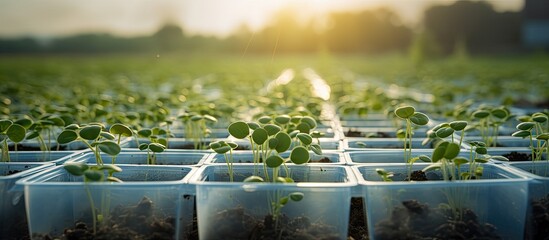 Aufkleber - agricultural copy space image featuring small cantaloupe sprouts growing in plastic containers on fe
