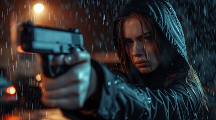 Wall Mural - Young woman in black jacket points gun in rain, police officer or killer holding weapon at night. Female detective with pistol on dark street. Concept of spy, thriller movie. copy space for text.