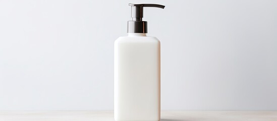 Poster - The shower gel or liquid soap is contained in a white bottle with a dispenser against a white background with green plant leaves for contrast There is copy space available
