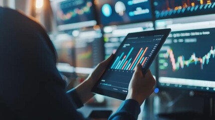 Poster - A financial analyst examining a digital tablet with various business graphs, conducting in-depth research for investment recommendations.