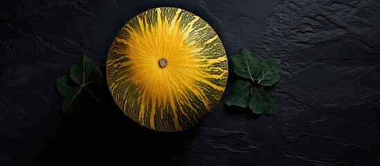 Poster - A fresh and colorful yellow melon placed on a black stone surface with a top down perspective offers a captivating image with plenty of room for additional content