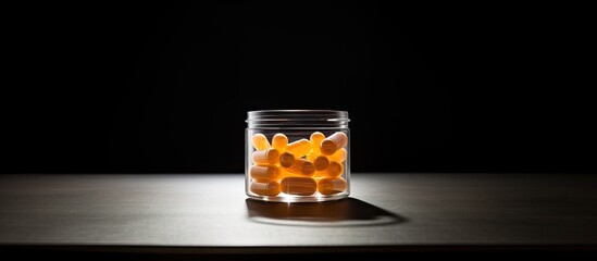 Aufkleber - A small cup filled with medicine capsules providing ample copy space for displaying the image