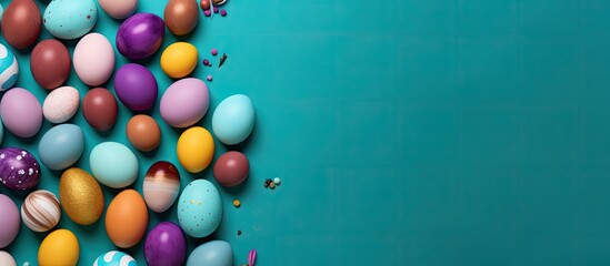 Poster - A colorful background sets the stage for stunningly painted Easter eggs in a flat lay composition offering plenty of copy space for text