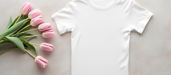 Poster - Top view flat lay copy space image of a white women s cotton t shirt mockup featuring pink tulip flowers on a gray concrete background creating a design template for print presentation
