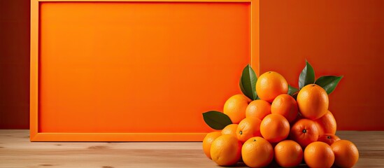 Poster - An orange background enhances the visual appeal of a picture frame placed on a table creating a vibrant and eye catching copy space image