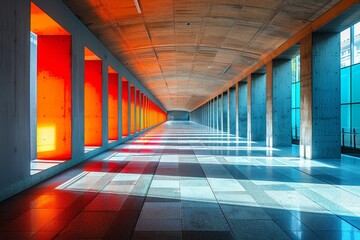 Poster - A vivid play of colors in a corridor with a high, curved ceiling and symmetrical columns creates an illusion of continuity and space