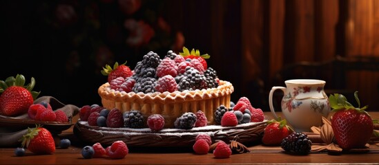 Poster - A beautifully adorned table displays a scrumptious dessert adorned with fresh berries leaving a space for potential replication of the image. Creative banner. Copyspace image