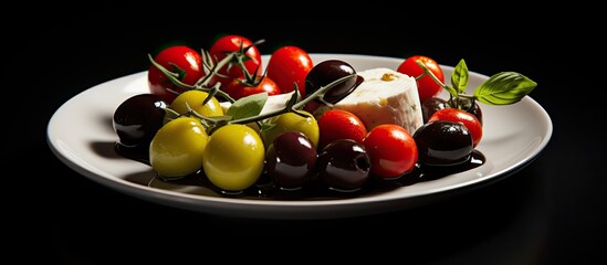 Poster - A plate with flavorful olives ripe tomato and a chunk of firm goat cheese Positioned from the top the image showcases the dish against a dark backdrop leaving room for text or other elements