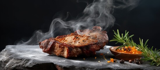 Poster - A well done juicy fried meat piece is placed on a stone plate on a black wooden table creating a food concept with space for text or other images. Creative banner. Copyspace image