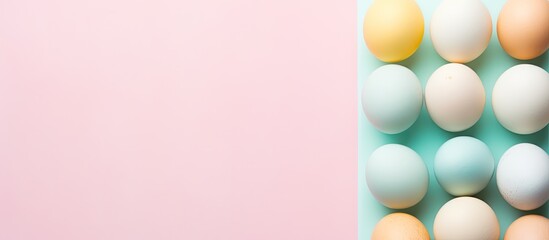 Poster - The top view shows colorful boiled eggs on a pastel background with copy space It represents a healthy food concept and Easter eggs