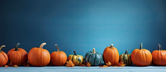 Poster - Close up of carved pumpkins on a table over a blue background representing the holidays Halloween and the concept of decoration with copy space image 108 characters