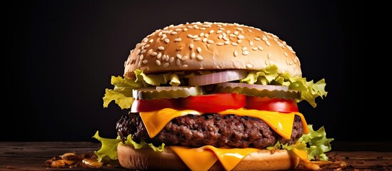 Poster - Close up of a mouthwatering beef cheeseburger topped with melted cheese isolated on a white background creating a perfect copy space image