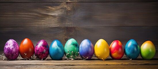 Aufkleber - A vibrant assortment of Easter eggs placed on a rustic wooden surface creating a visually appealing and lively composition for a copy space image