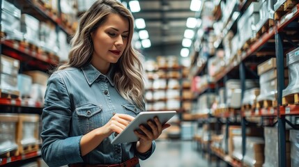 Young female logistics manager actively using a digital tablet to manage inventory in a well-organized warehouse