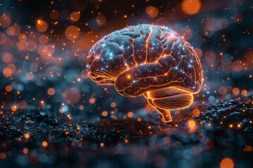 Poster - This image shows a digitally enhanced human brain glowing with an intricate network, set against a dark backdrop