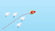 Red paper rocket racing white paper rocket to target for success. Leader, leadership ,business ,competition, vision, start up. Vector illustrations