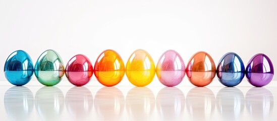Aufkleber - Blurred and colorful Easter eggs are displayed on a white background with ample space for text or other images 112 characters