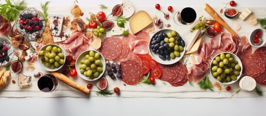 Poster - Top view of a Christmas table with a delicious antipasto platter featuring ham prosciutto salami cheese crackers olives all beautifully arranged on a light background providing a perfect copy space i