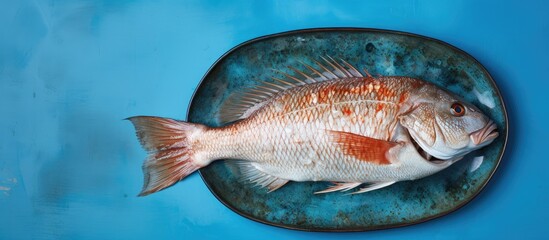 Aufkleber - A top down view of a whole uncooked and organic sea perch fish placed on a blue dish with ample room for additional text or images