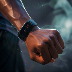 Fototapete - A close up of a persons wrist with a smart watch prominently displayed.