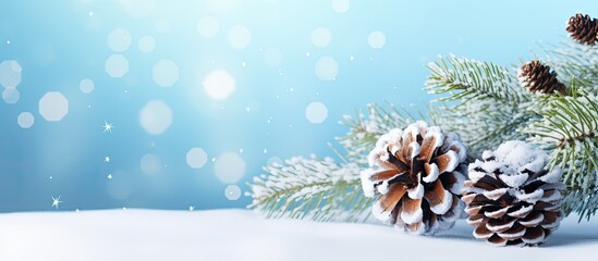 Poster - A snowy Christmas tree branch adorned with pine cones set against a light blue backdrop and accompanied by ample copy space for additional content