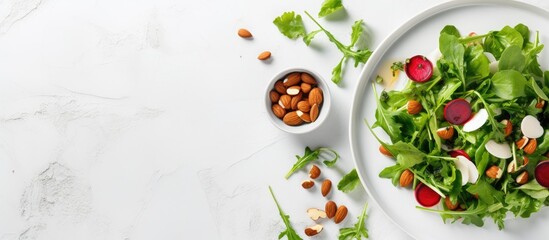 Aufkleber - A healthy vegan salad with a mix of ingredients including radish lettuce mangold parsley arugula almonds salt tasty balsamic and pepper is presented on a white plate in a flat lay style leaving ample