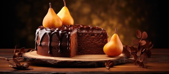 Poster - A tempting and visually appealing image of a chocolate pear cake with ample copy space for adding text or other elements