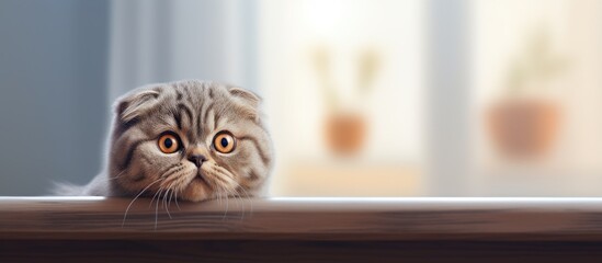 Poster - The Scottish Fold cat peeks out of the window watching with curiosity and creating a perfect opportunity for a copy space image