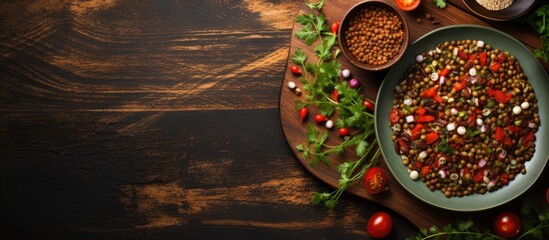Poster - A top view of a lentil based dish with a variety of beans served in a set menu concept is showcased against a food background with ample copy space