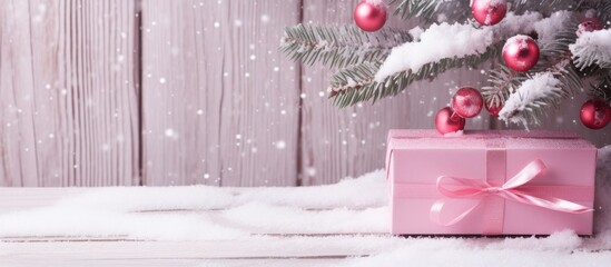 Fototapete - Snow covered Christmas tree branch with a gift box set against a charming pink wooden background providing ample copy space for an image