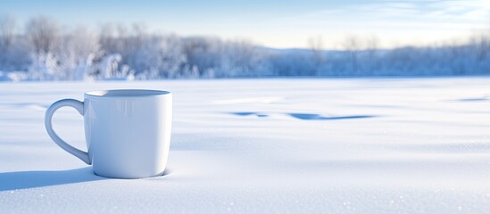 Poster - A white porcelain coffee cup and mug placed on snow outdoors creating a picturesque copy space image