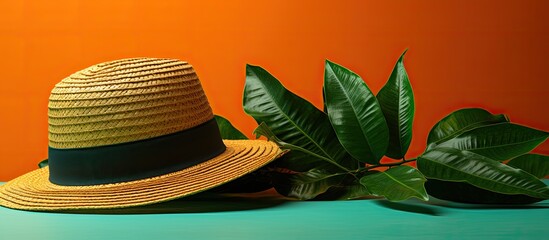 Fototapete - There is an image depicting a summer hat resting on a vibrant green leaf that contrasts with the orange background The image provides ample copy space