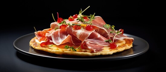 Poster - A Spanish tostada featuring delicious jamon iberico served on a plate with a copy space image