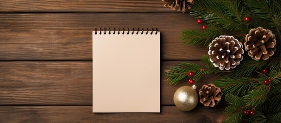 Poster - Christmas gift list notepad with spruce twigs and a gift box arranged in a flat lay style on a surface made of oak wood copy space image