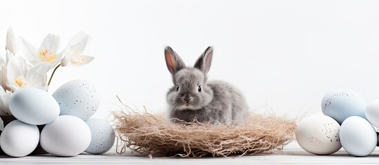 Poster - An Easter themed image featuring a toy rabbit a festive egg and a nest set against a serene white and gray backdrop Perfect for decorating a copy space image during the Easter season