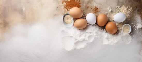 Aufkleber - Top view of eggs and flour on a white background creating a copy space image for baking preparation