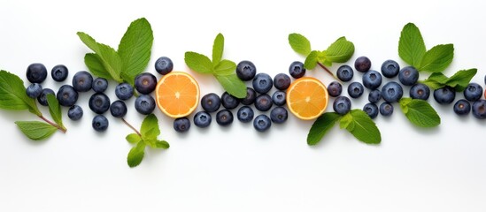 Aufkleber - Top view of apricot blueberries and mint leaves arranged on a white background creating a refreshing and vibrant copy space image Ideal for food backgrounds health conscious individuals superfood ent