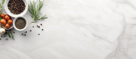 Poster - A bowl of salt thyme and peppercorns placed on a white marble table ideal for a flat lay composition The image offers ample space for adding text